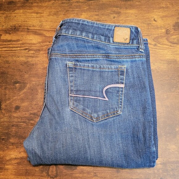 American Eagle Jeans 12 R Artist Flare Low Rise Medium Dark Wash Stretch Western - Picture 3 of 11